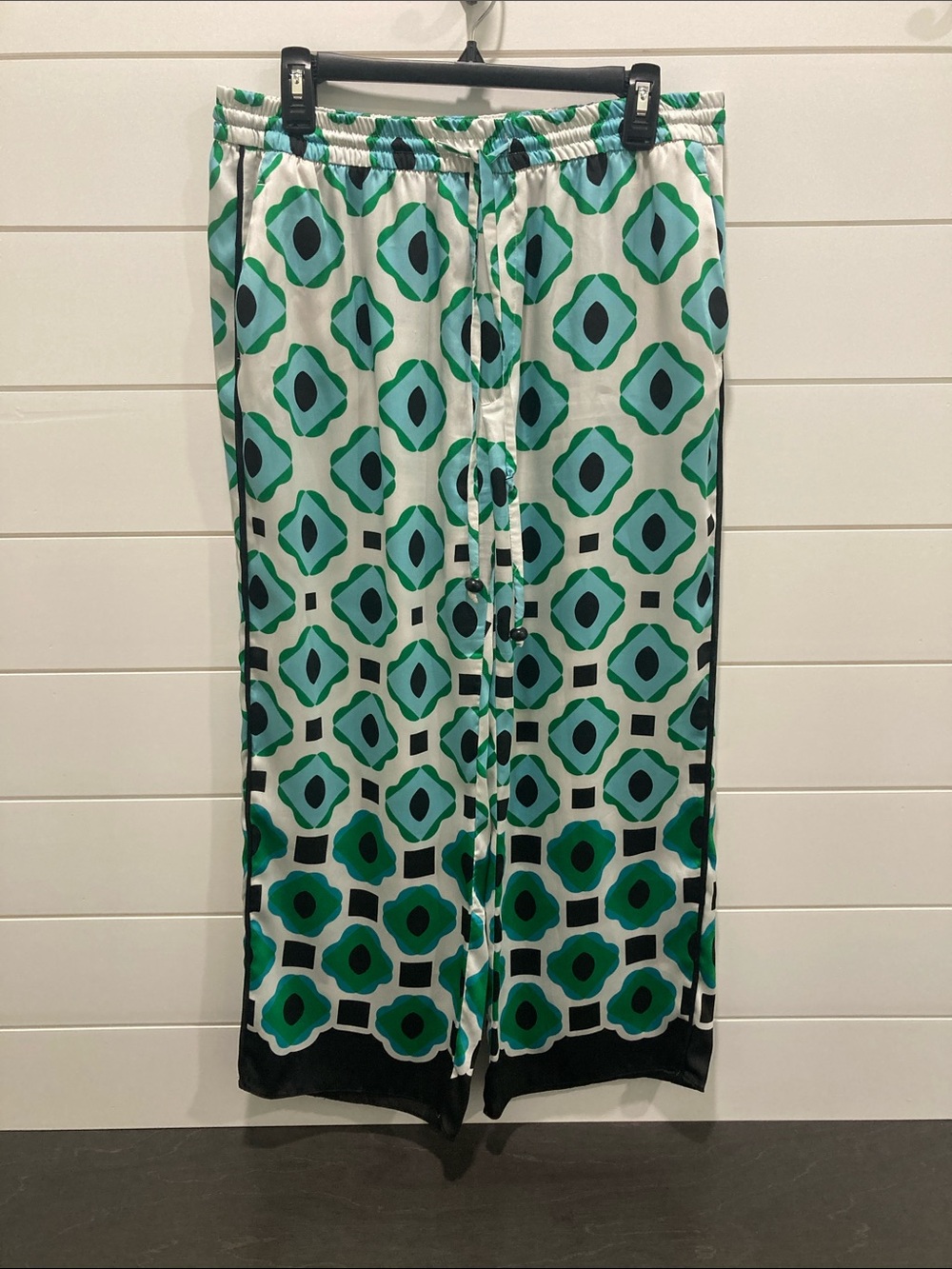Zara Silky Pajama Style Pants-Retro Geometric Print- Sz XL- Green Blue White-EUC